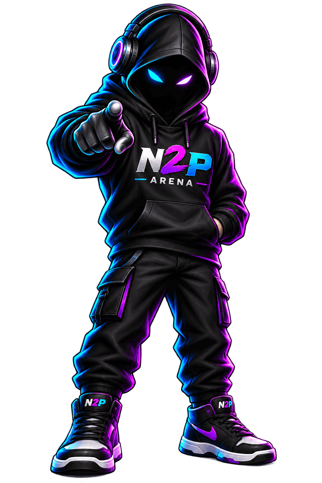 The N2P Arena mascot, a hooded gamer in headphones, pointing at you